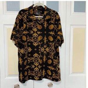 Baroque Gold Mens 3XL Black Gold Lion Filigree Stretch Short Sleeve Button Shirt